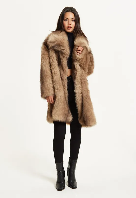Camel Faux Fur Midi Coat Oversized Fit - Liquorish
