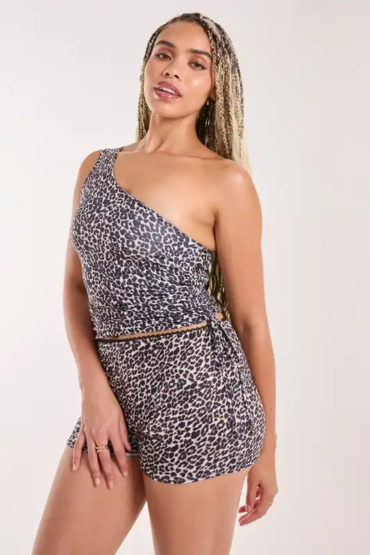 Aysemmetric Side Ruched Leopard Top - Pink Vanilla