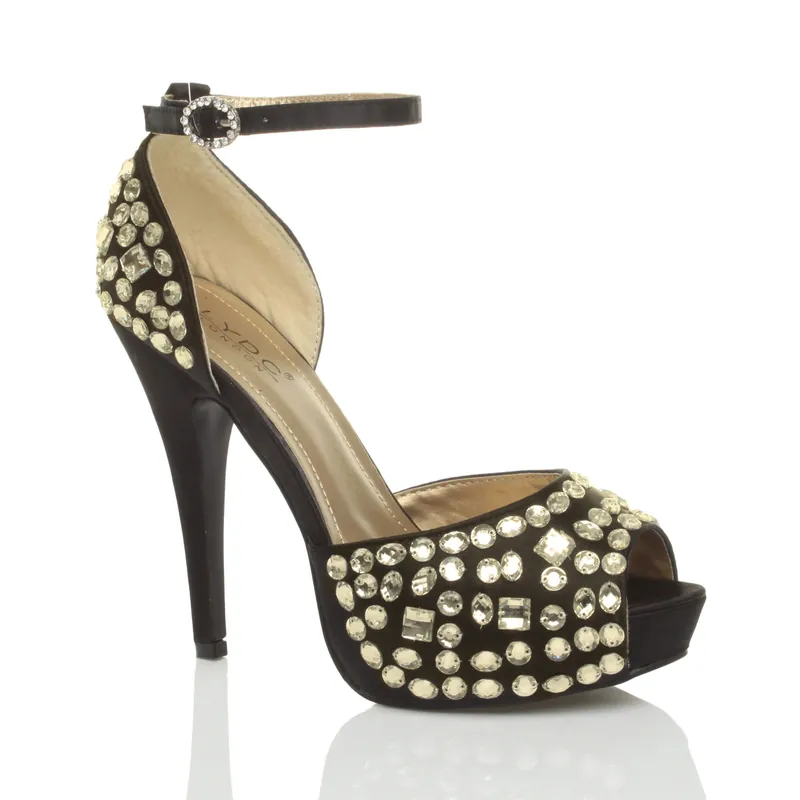 High Heel Gem Ankle Strap Peep Toe Satin 2 Part Heels - AJVANI