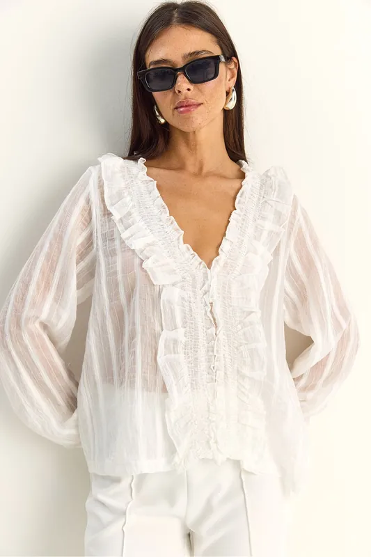 Frilly V-neck Striped Blouse