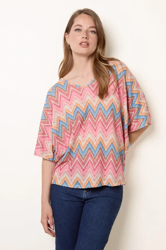 Pink Zig Zag Metallic Bow Back Top - Blue Vanilla