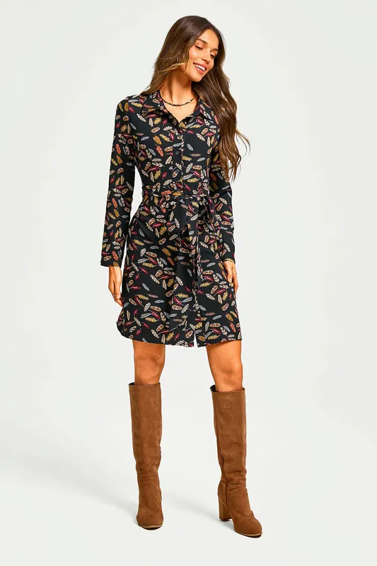Leaf Print Tie Front Mini Shirt Dress In Black - FS Collection