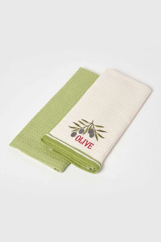 Olive Waffle Cotton Tea Towels, Set of 2 - Homescapes