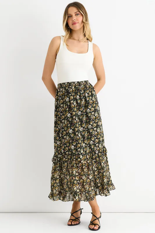 Black Sparkle Floral Maxi Skirt - Gini London