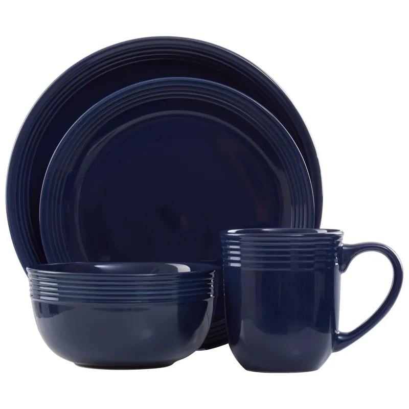 16 Piece Dark Blue Stoneware Dinner Set With Horizontal Grooves,Dinnerware With Dinner Plates,Bowls, & Mugs - Orsina