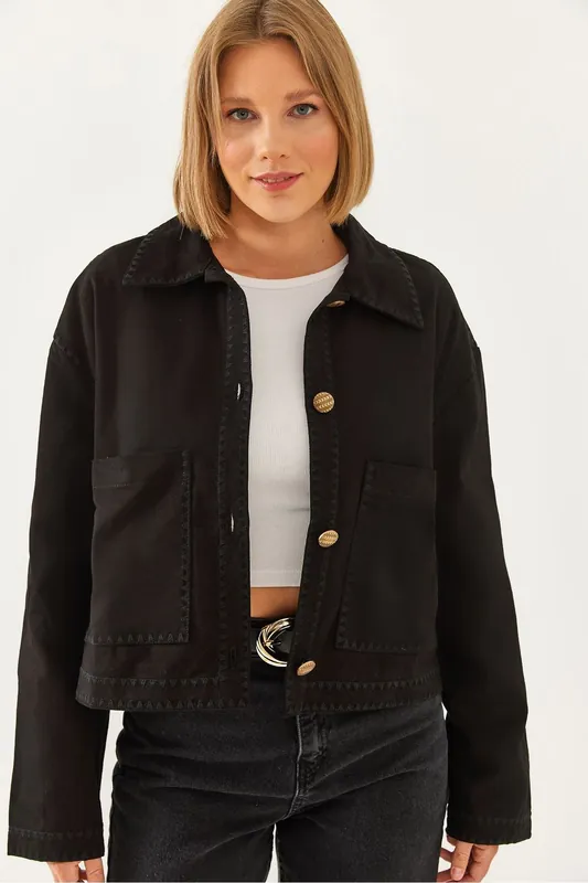 Embroidered Cropped Woven Jacket with Shirt Collar - Bianco Lucci