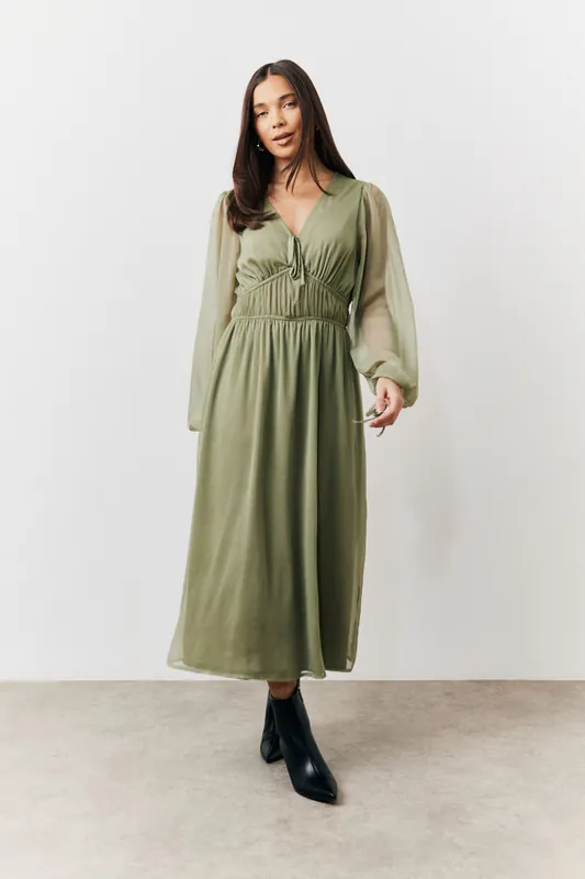 Khaki Chiffon Ruffle Midi Dress - In The Style