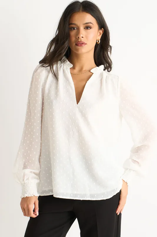 White Dobby Chiffon Frill Neck Blouse - Gini London