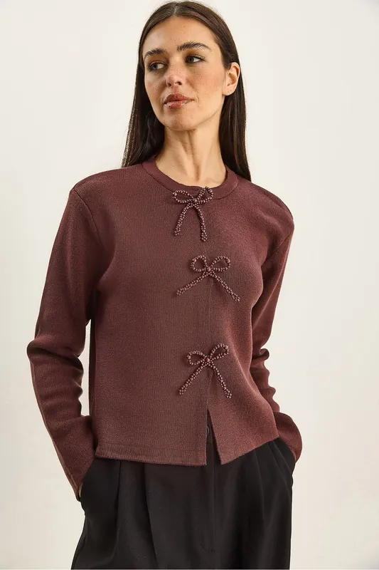 Crew Neck Knit Cardigan with Bow Detail - Bianco Lucci