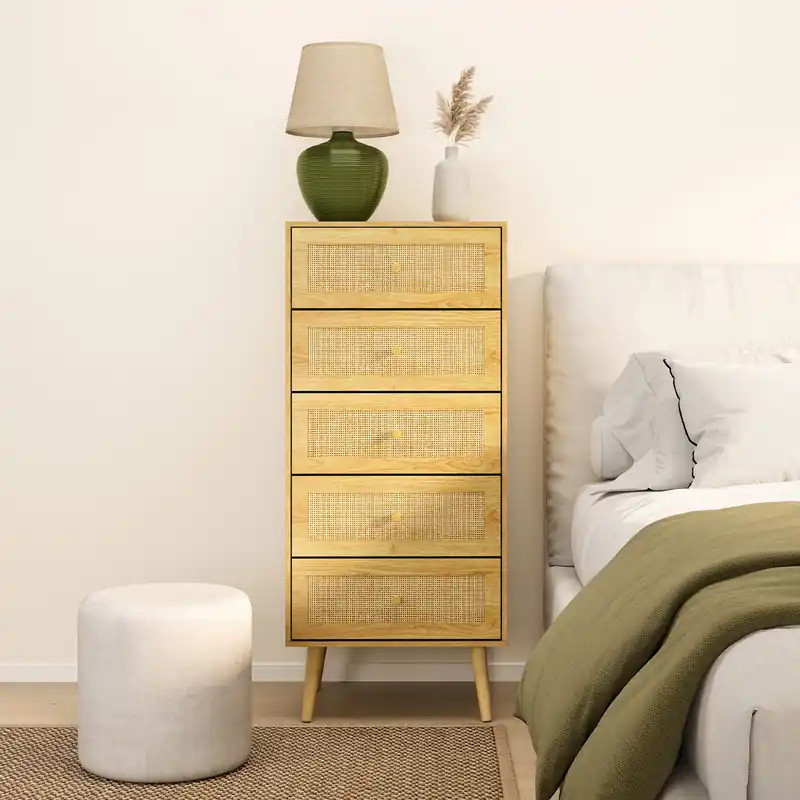 Sienna 5 Drawer Rattan Fronted Tall Chest of Drawers - VonHaus