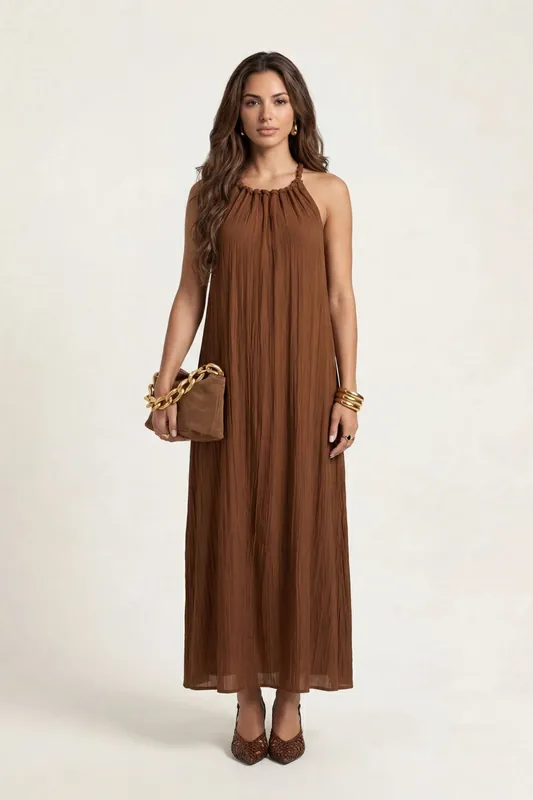 Braided Neck Trim Maxi Dress Tan - Urban Bliss