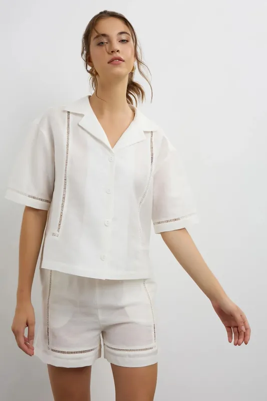 Linen Short Sleeve Shirt with Cutout Detail - Hiccup