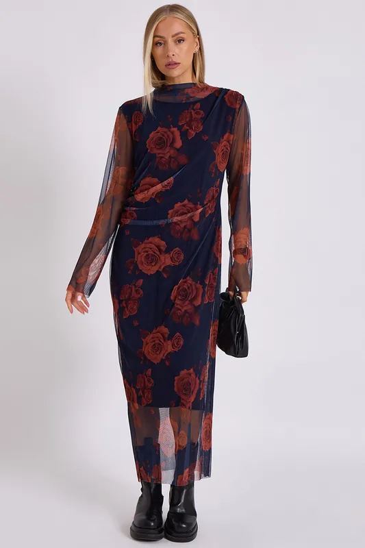 Navy Print Mesh Midi Dress - Gini London