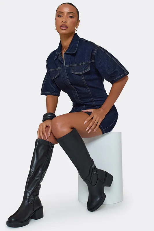 Knee High Faux Leather Block Heel Long Boots - EGO