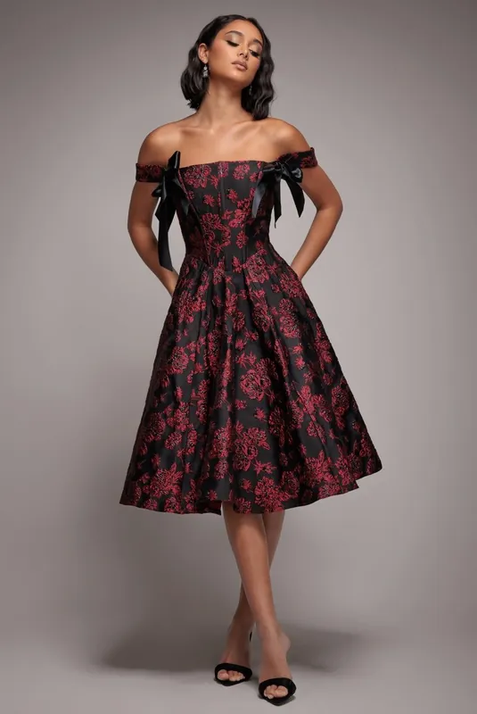 Jacquard Multiway Bow Strap Skater Midi Dress - Goddiva