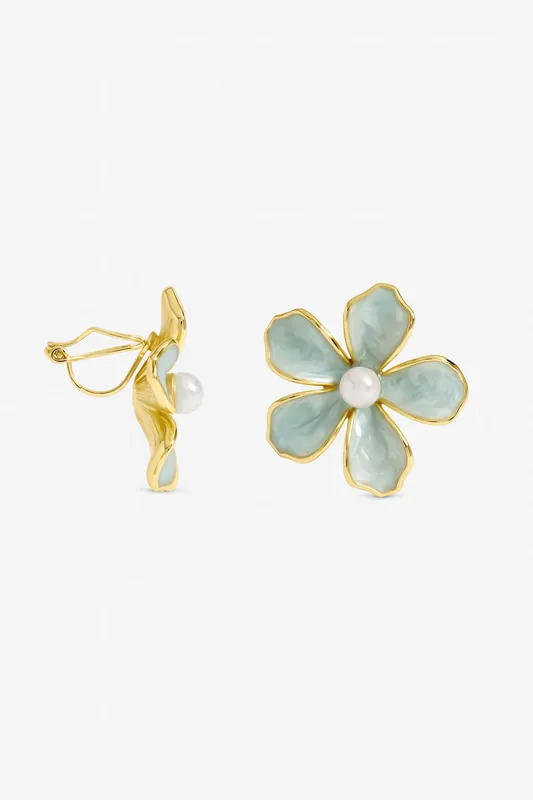Gold Plated and Blue Enamel Flower Clip Earrings - Jon Richard