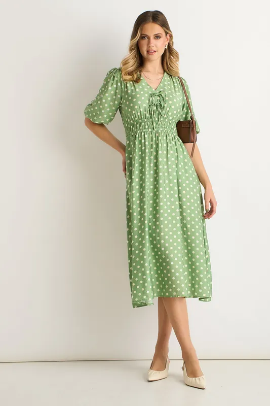 Sage Green Spot Print Shirred Waist Shift Midi Dress - Gini London