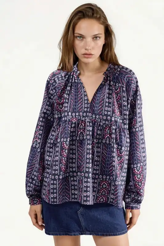 Balloon Sleeve Patterned Blouse - Hiccup