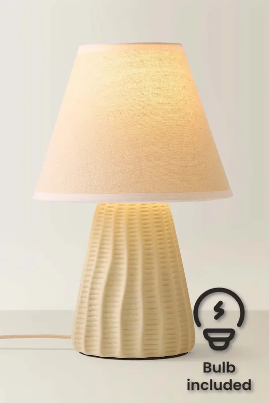 Saskia Natural Textured Ceramic Table Lamp with Tapered Lamp Shade and LED Bulb - ValueLights