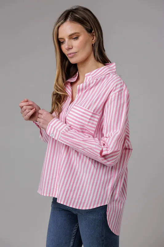 Cotton Relaxed-Fit Long Sleeve Striped Popover High-Low Hem Shirt