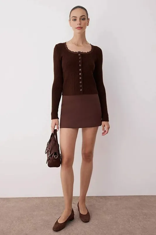 Soft Ribbed Knit Cardigan with Lace Detailing - WOVCOR
