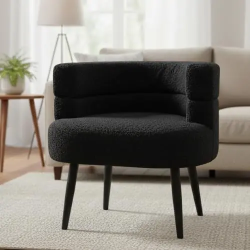 Sherpa Accent Chair with Curved Backrest & Solid Wood Legs, Teddy Fabric Lounge Armchair - Alivio