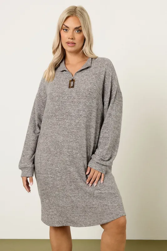 Zip Neck Detail Jumper Dress - Yours