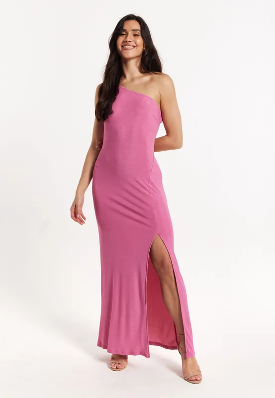 Pink One Shoulder Maxi Dress with Long Slit - Liquorish