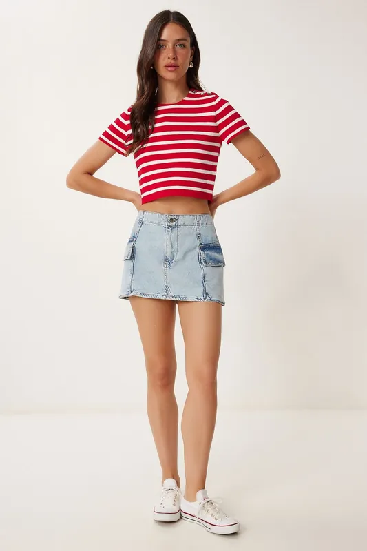 High Waist Denim Skirt with Button Closure - Happiness Istanbul