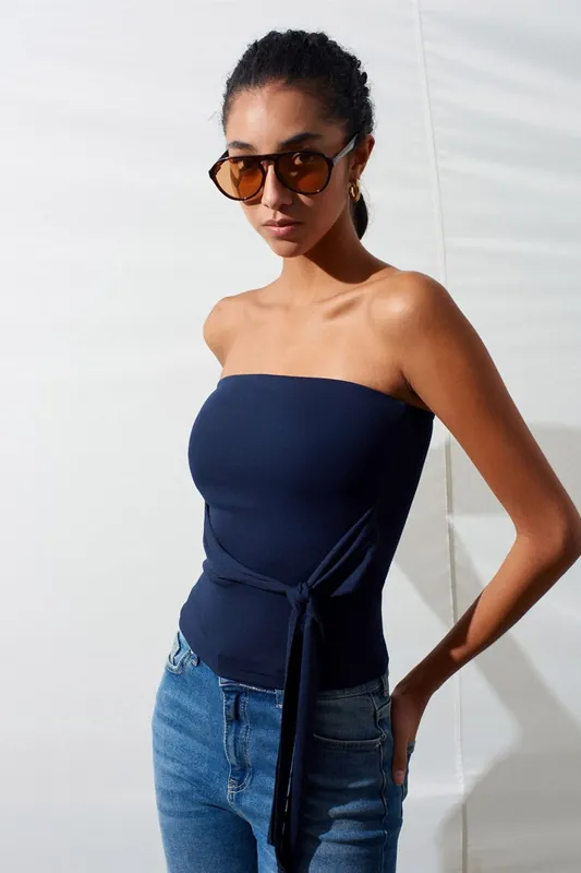 Strapless Slim-Fit Jersey Blouse With Tie Detail