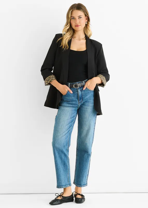 Black Contrast Animal Edge to Edge Blazer - Gini London