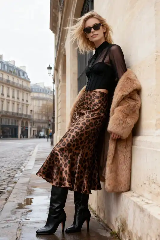 Animal Print Satin Midi Woven Skirt - WOVCOR