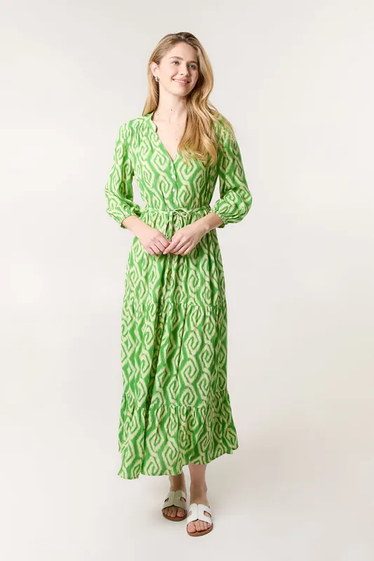 Green Abstract Button Front Belted Dress - Blue Vanilla