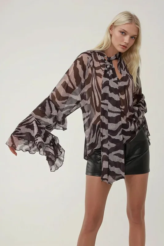 Zebra Print Ruffle Detail Blouse - Hiccup