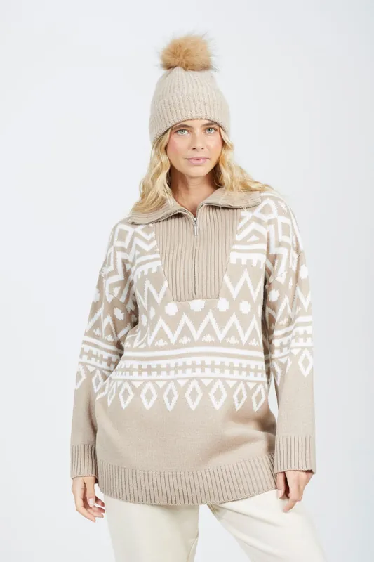Oversized Zip Neck Knitted Pattern Jumper - Brave Soul