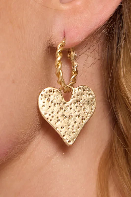 Textured Gold Heart Drop Earrings - Liquorish