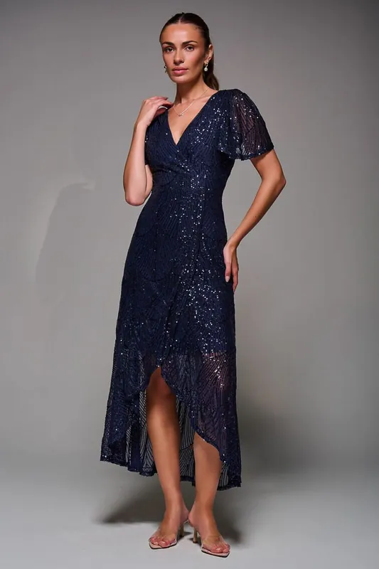 Sequin Angel Sleeve Ruffle Hem Maxi Dress - Jolie Moi