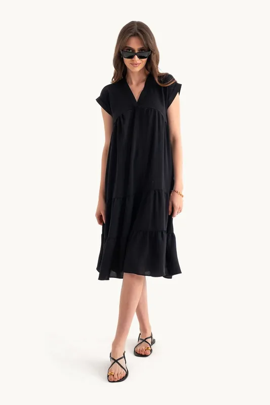 V Neck Tiered Midi Casual Dress - Hiccup