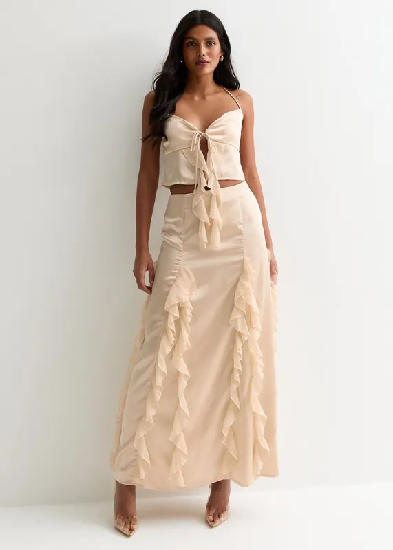 Champagne Satin Ruffle Tie Front Top - Gini London