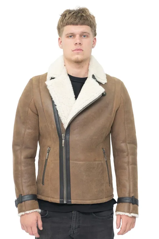 Double Breasted Sheepskin Leather Biker Jacket-Heathfield