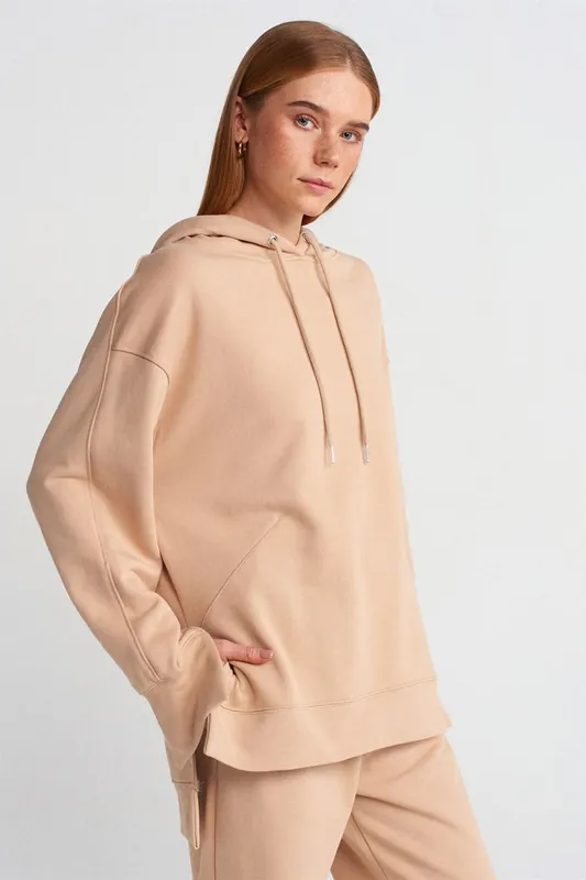 Oversized Cotton Hooded Sweatshirt With Slit - Dilvin