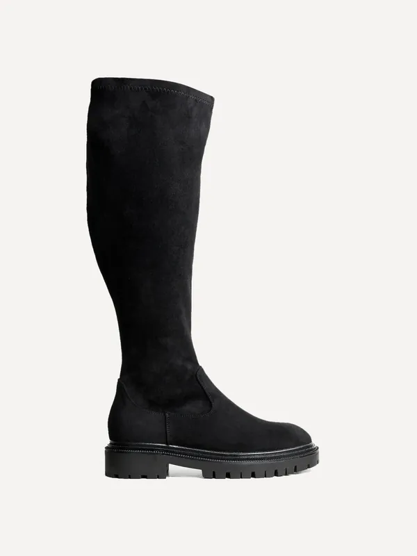 Briody Wide Fit Black Faux Suede Knee High Stretch Boot - Linzi