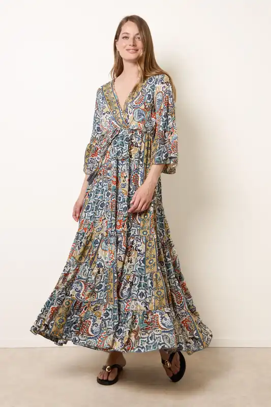 Multi Wrap Over Tiered Art Silk Dress - Blue Vanilla