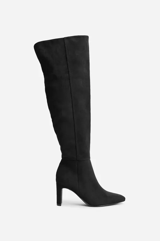 Demand Black Faux Suede Over The Knee Block Heeled Boot - Linzi