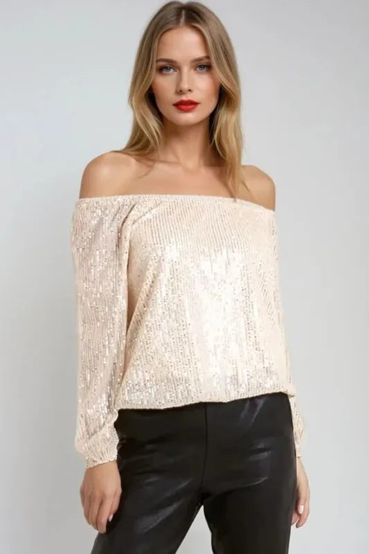 Sequin Long Sleeve Bardot Top - Aftershock London
