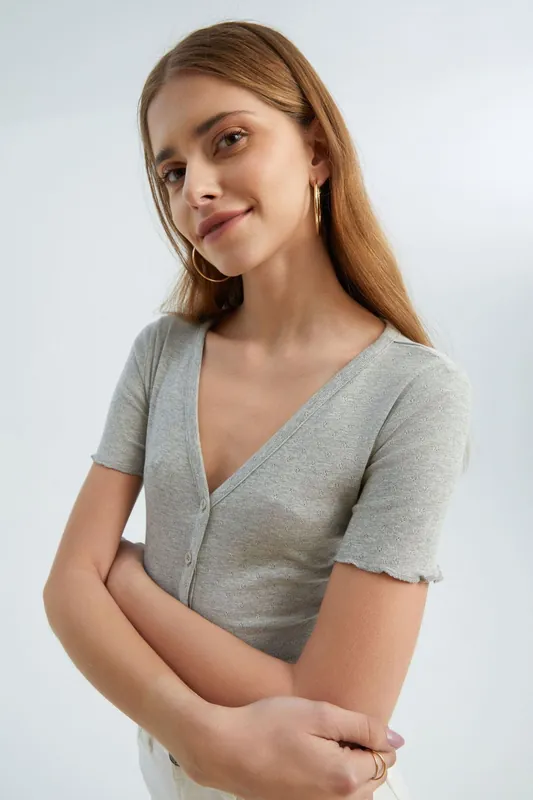 Textured V Neck Short Sleeve Top - Hiccup