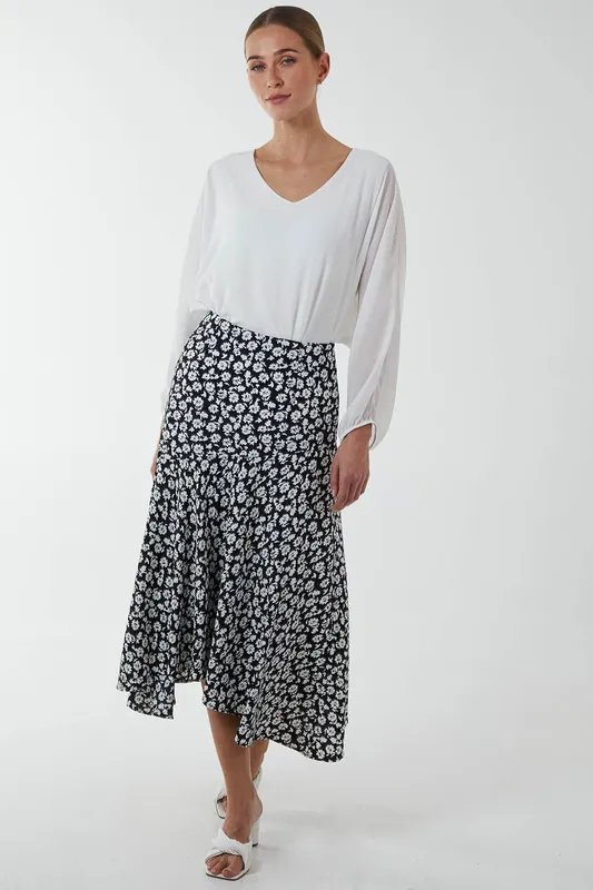 Floral Print Asymmetric Midi Skirt - Blue Vanilla