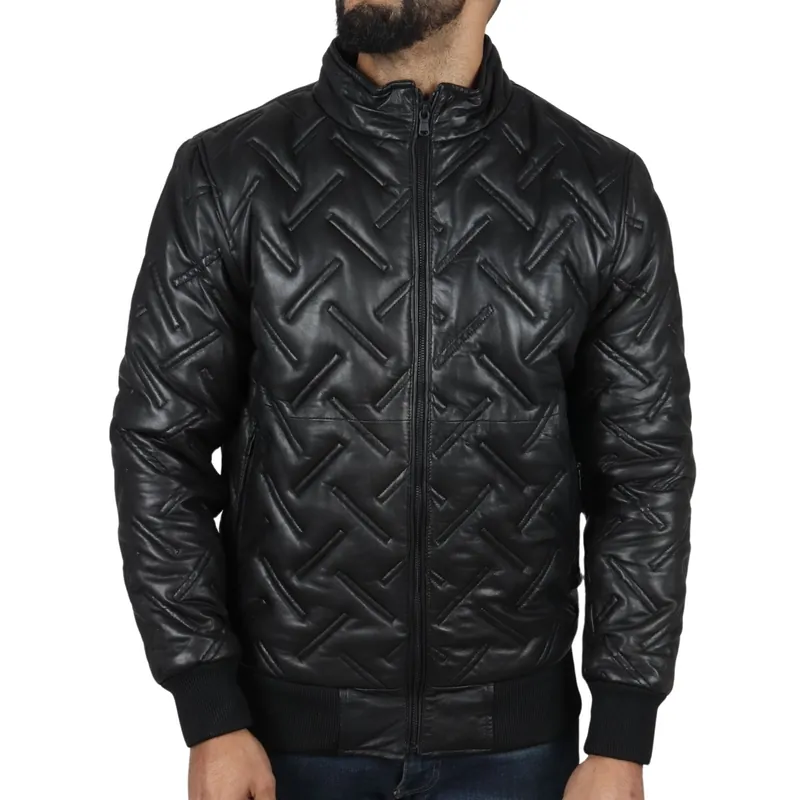 Puffer Quilted Bomber Real Leather Jacket - TruClothing