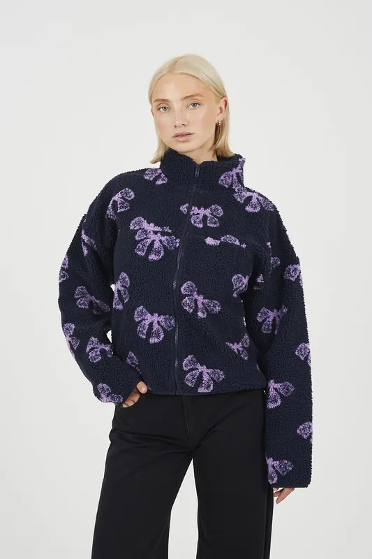 Graphic Bow Print Zip Through Sherpa Fleece - Brave Soul