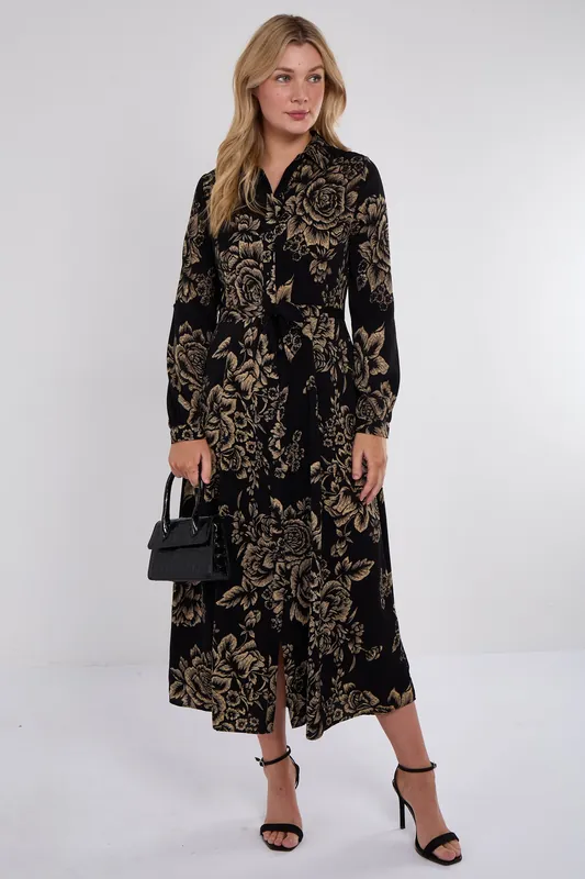 Black and Gold Vintage Rose Print Maxi Shirt Dress - Love Sunshine